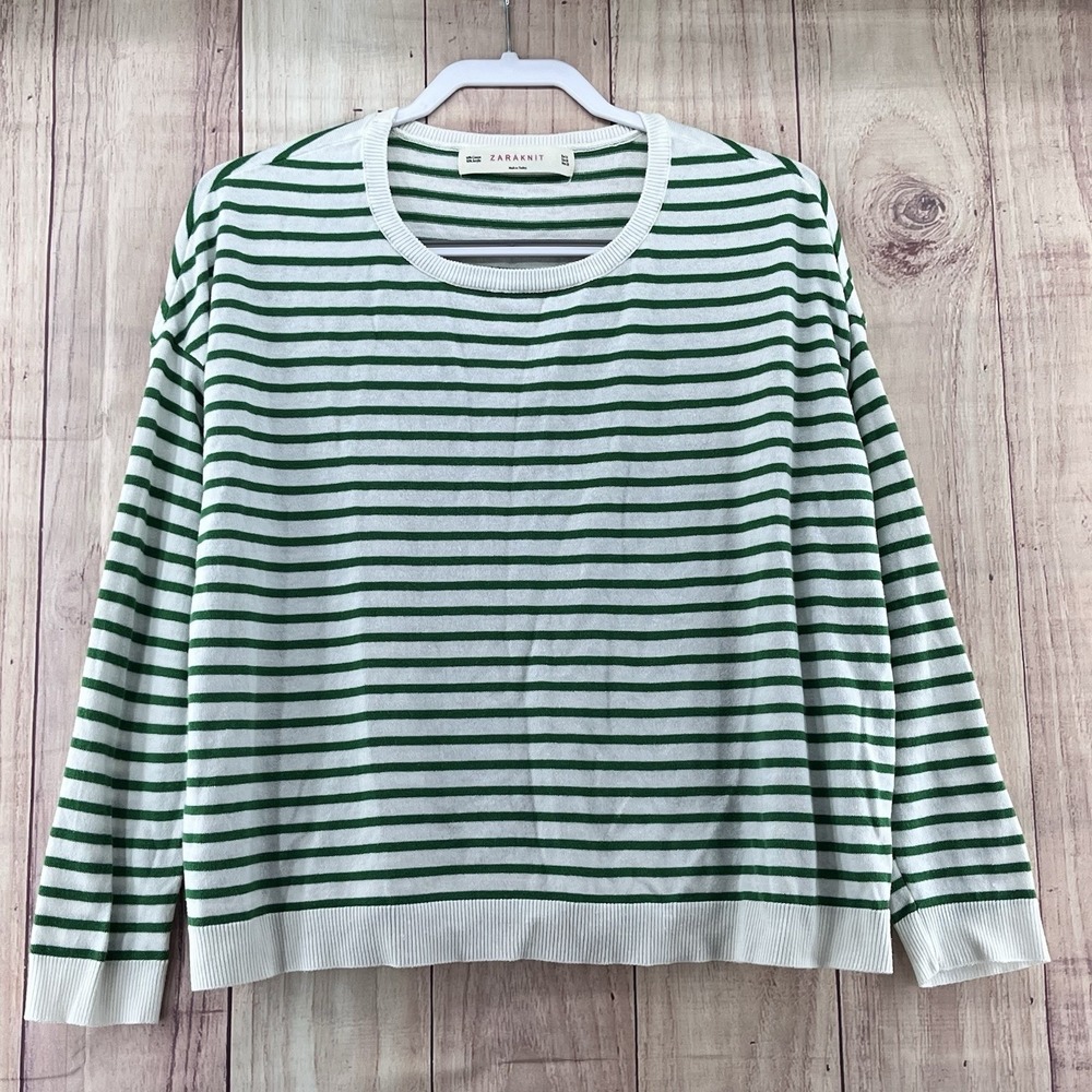 Zara Knit Lightweight Soft White Striped Oversized Sweater Top Sz S Suede Elbow